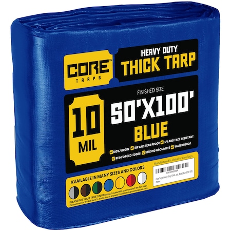 Core Tarps Heavy Duty Tarp, 100 ft L x 0.5 mm H x 50 ft W, 10 Mil, Blue, Polyethylene CT-605-50X100